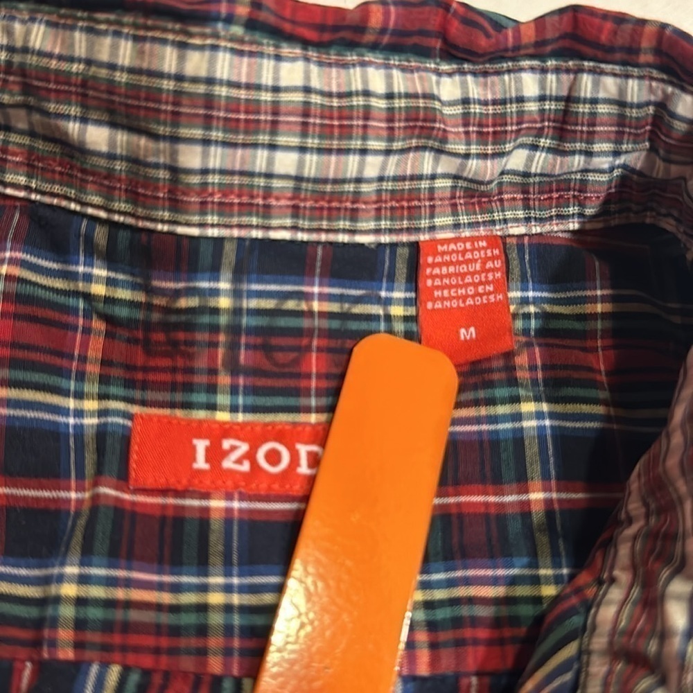 IZOD button up plaid long sleeve lightweight shirt navy red green white yellow - Picture 5 of 8